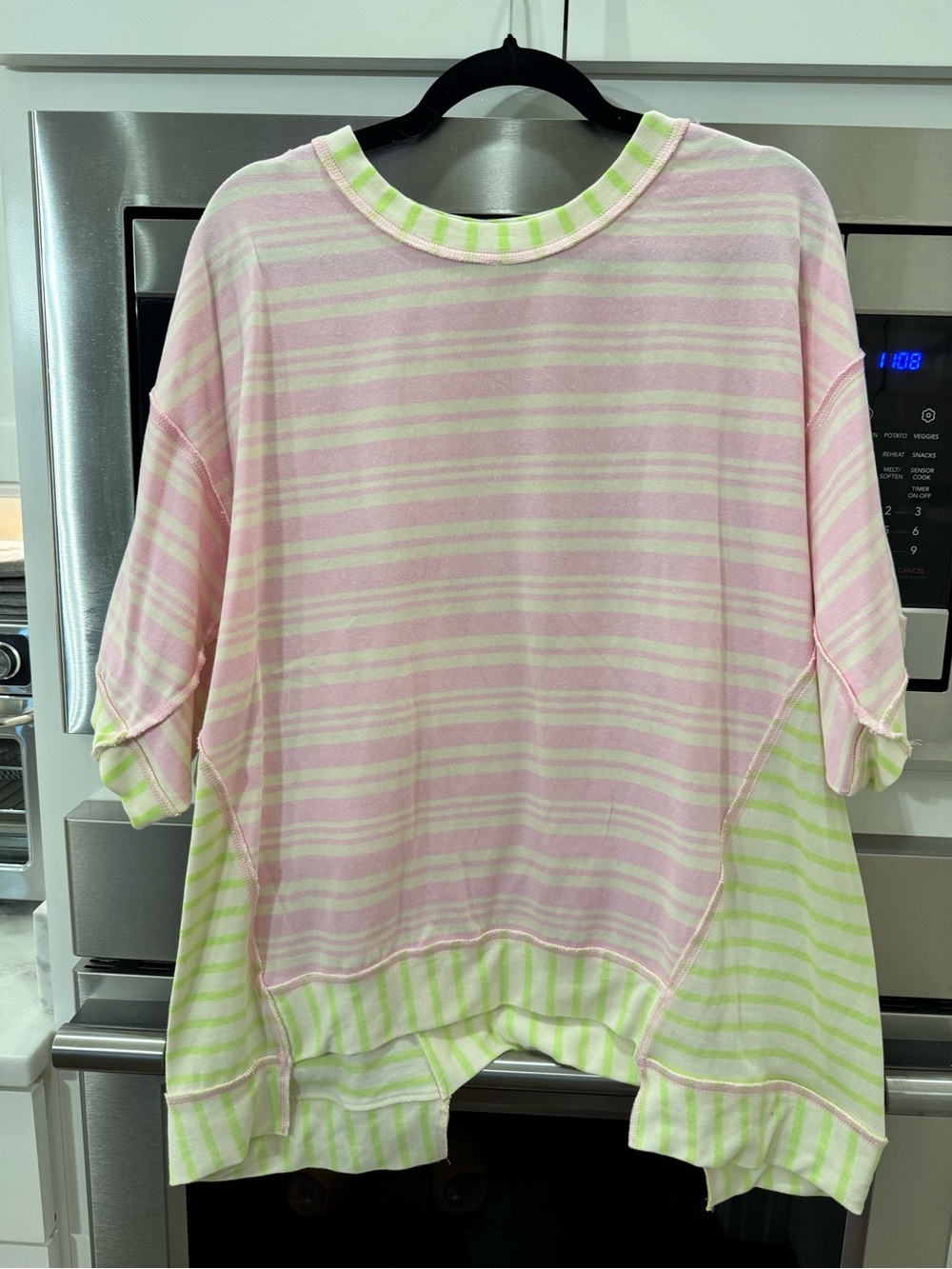 Fantastic Fawn Pink and Light Green Striped Drop-Shoulder Top